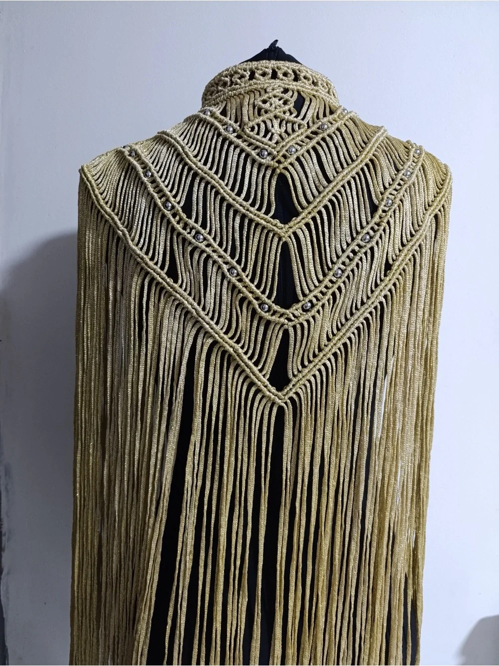 Gold Beaded Macramé Fringe Shawl – Elegant Draped Wrap handmade
